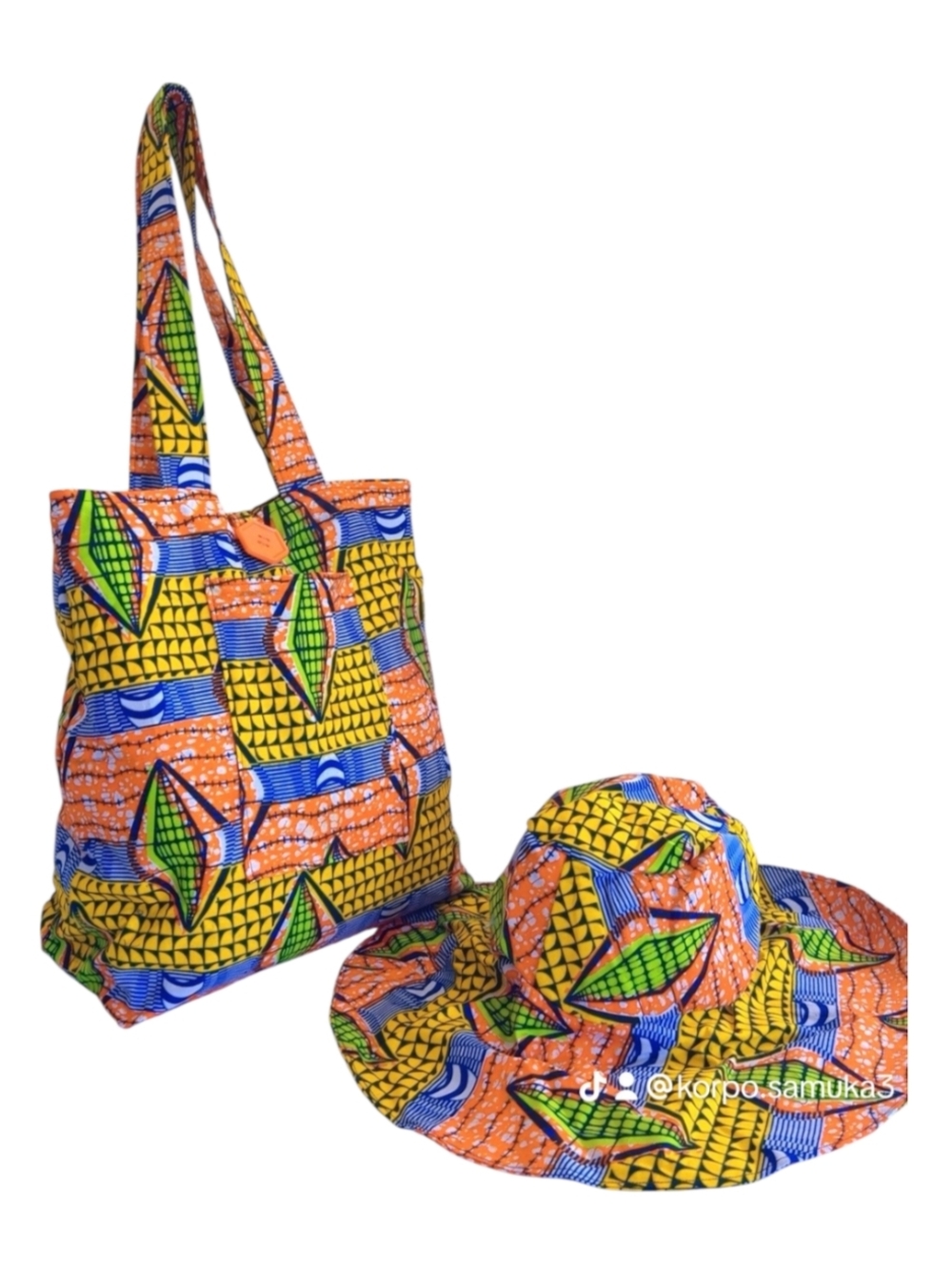 Colorful African Print Tote Bag & Wide-Brim Hat - Yellow, Orange, Blue, Green